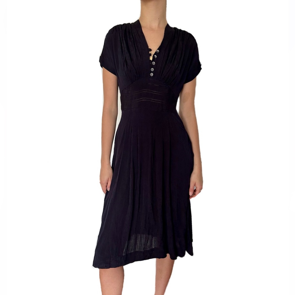 Vintage beautiful handmade dress navy blue midi 50s small silky delicate fifties
